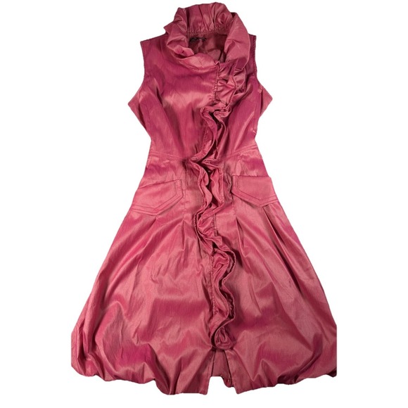 Samuel Dong Dresses & Skirts - Samuel Dong Dress Womens S Pink Ruffle High Neck Bubble Hem Fit & Flare Party